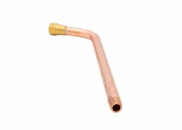 A bent copper pipe with a brass tip tube on one end, compatible with Harris Model T-43 tip tube fittings, isolated on a white background.