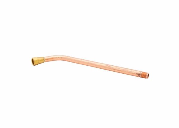 A bent copper pipe, featuring a brass tip tube fitting on one end and an open end on the other, isolated on a white background.
