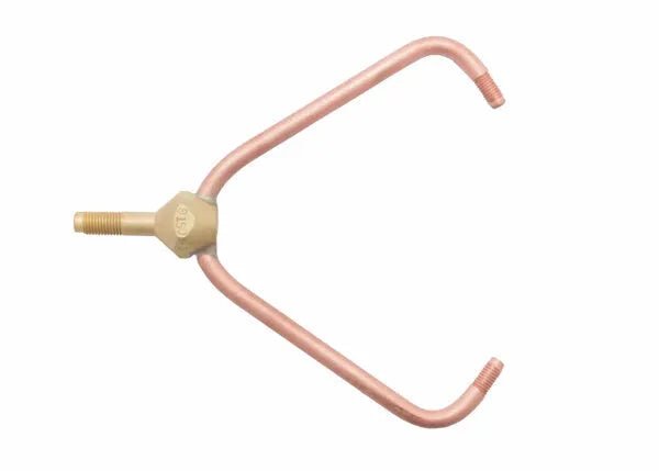 The Harris Model TH-50-2P Twin Tip Tube (1601714) has copper-colored tubing, threaded ends, and a brass hexagonal connector with an external threaded rod. For use with Model 8490 Series Tips. Tool shown on white background.