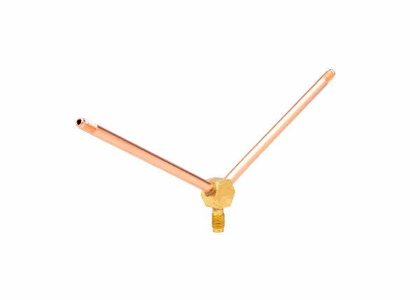 A copper dipole antenna with two angled copper rods joined at a central gold-colored base, similar to the Harris twin tip tube Model TH-50-2XLT, isolated on a white background.
