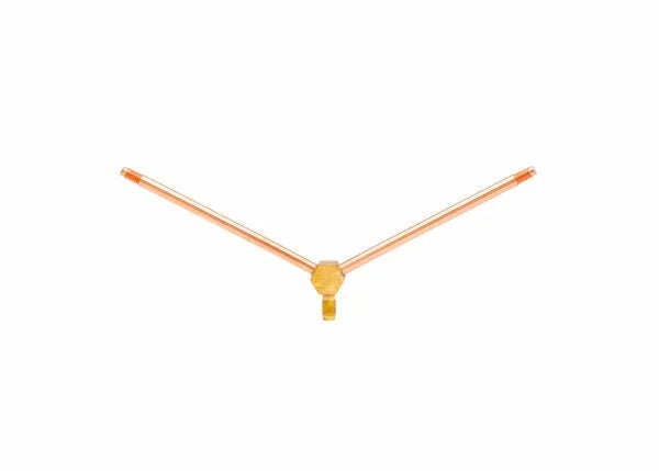 Two thin, orange clock hands with Model TH-50-2XLT precision are attached to a central gold hub, pointing diagonally in opposite directions and forming a V shape on a plain white background.