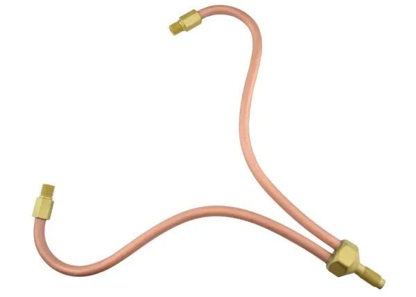 The Harris Model TH-96-XL Twin-Tip Holder (QC96832) is a flexible copper pipe with two curved branches and brass hex fittings, shaped like a wide Y. It has a smooth finish and is ideal for brazing large diameter tubing in plumbing or HVAC systems.