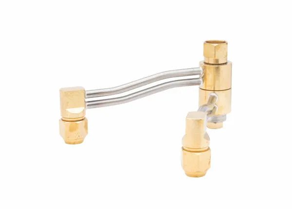 Two brass and silver metal plumbing fittings, connected by two curved metal tubes like an adjustable twin tip holder, isolated on a white background—an ideal machine torch accessory compatible with Harris TH-98 setups.