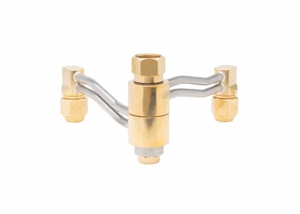 A brass and metal T-shaped plumbing fitting, ideal as a machine torch accessory or adjustable twin tip holder, with three hexagonal connectors and two curved metal tubes, isolated on a white background.