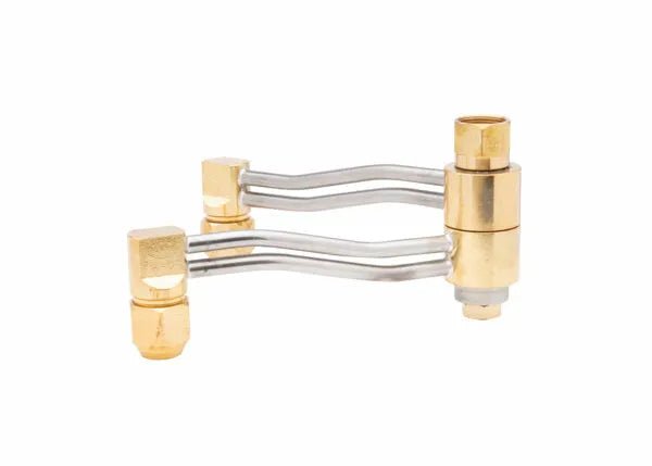 Two metal flexible connectors with brass fittings, joined by curved, silver-colored metal tubes. Designed as a machine torch accessory, these connectors have hexagonal ends and a polished finish, positioned on a white background.