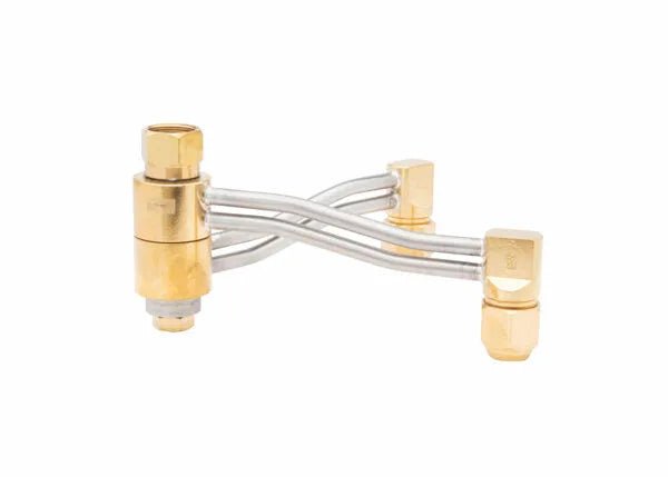 Two brass and silver metal pipes connected in a cross shape, each ending with a hexagonal fitting, serve as an adjustable twin tip holder machine torch accessory against a white background.