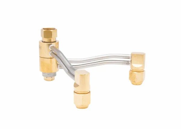 A brass and stainless steel Harris TH-98 adjustable twin tip holder plumbing or gas fitting with three hexagonal connectors and two curved metal tubes, shown on a white background—ideal as a machine torch accessory.