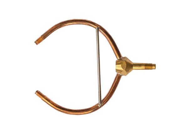 Harris TWIN TIP QC9050 brass Y-shaped welding tube with central valve and crossbar, welding accessory on white background.