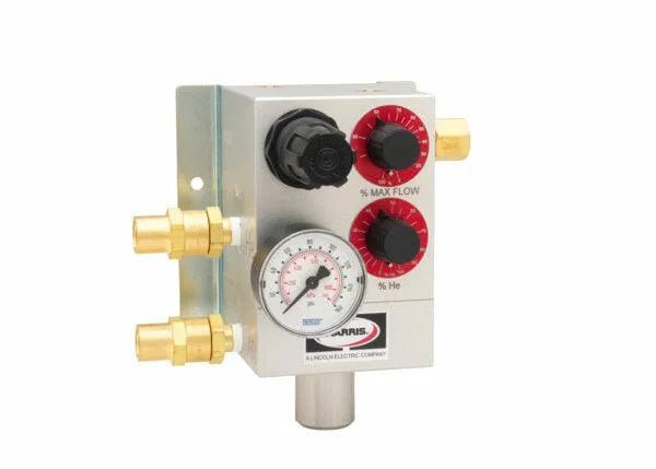 The Harris Model US-S10-3 Two-Gas Blender (4302063) is a metal gas mixer with three brass valves, a needle pressure gauge, and red % MAX FLOW and % He knobs—ideal for precise gas blending.