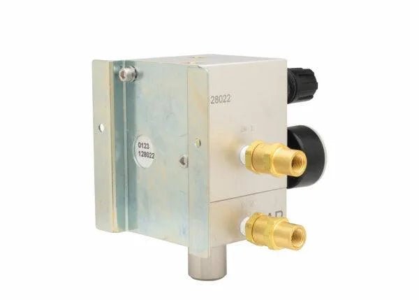 The Harris 4302063 US-S10-3 Two-Gas Blender features a metal HVAC pressure switch with a rectangular casing, two brass connectors, a black rotary knob, left-side mounting bracket, and serial numbers on a round white sticker.