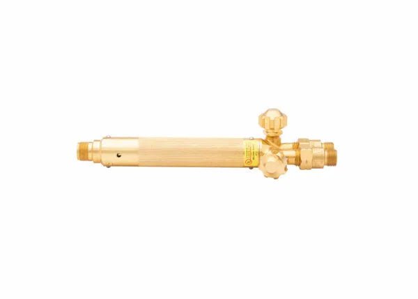 A brass-colored Harris Model V-100C combination torch handle with textured grip, adjustment knob, and connectors on both ends, ideal for welding and cutting, isolated on a white background.