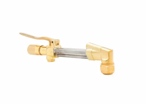 A brass and metal Harris Model V-1350 cutting attachment with trigger handle and nozzle, designed for use with all fuel gases on a welding or cutting torch, isolated on a white background.