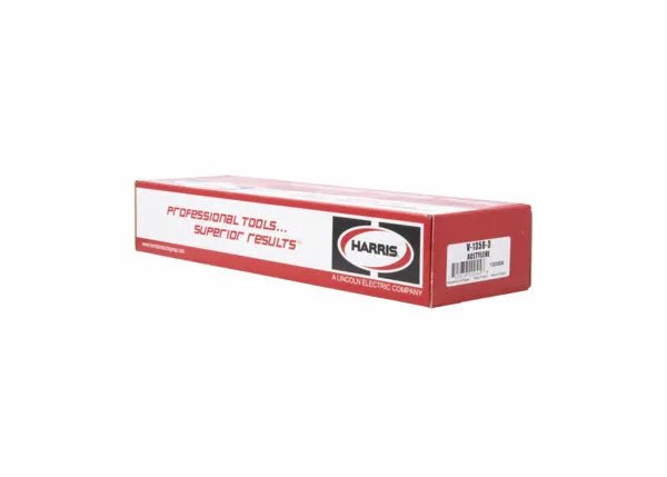 A red and white rectangular Harris-branded box with the slogan Professional Tools... Superior Results! and a white product label on one end, designed for the Harris Model V-1350 cutting attachment for all fuel gases.