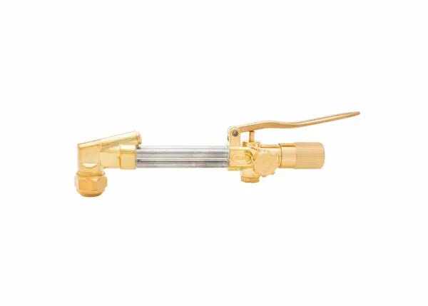 A brass torch head with a handle, control knob, and valve lever designed for attachment to a gas cylinder; compatible with all fuel gases and based on the Harris Model V-1350, set against a white background.