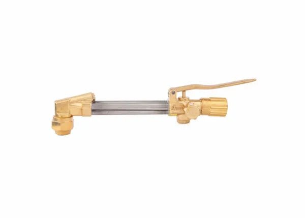 A heavy duty cutting attachment, this Harris V-2460 cutting attachment features a brass and metal build with a lever handle and angled nozzle, suitable for use as an all fuel gases cutting torch, isolated on a white background.