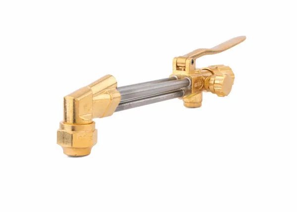 A heavy duty cutting attachment, this brass welding torch handle with dual tubes, a lever on top, and control knobs is ideal for use with all fuel gases cutting torch setups. Isolated on a white background.