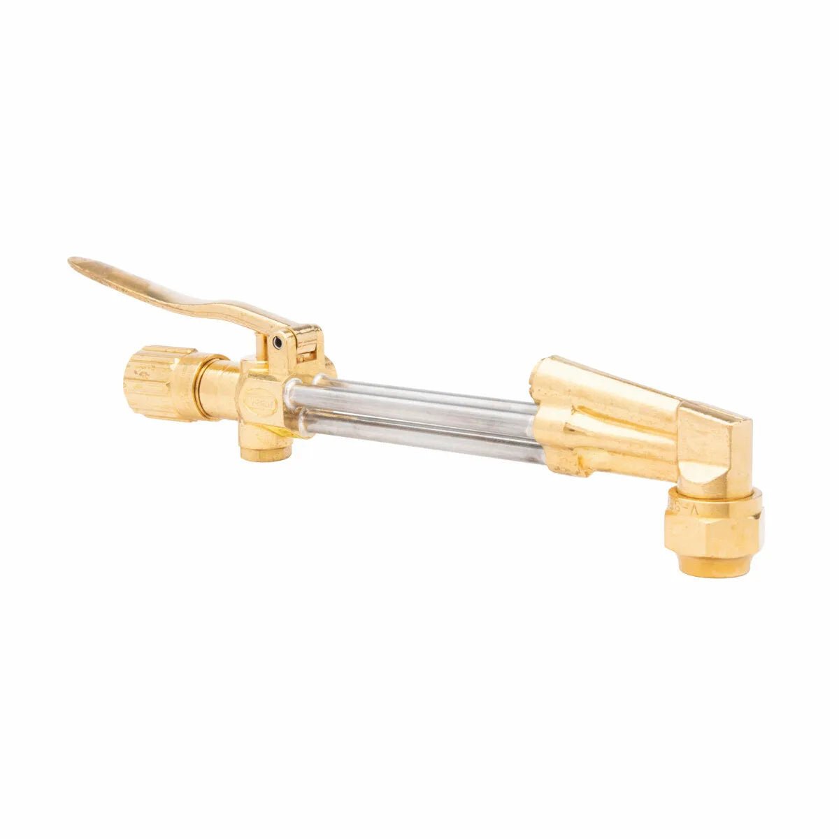 A brass cutting torch handle with a clear tube in the center and a lever on one end, compatible with all fuel gases and designed for use with Harris cutting attachment, ideal for welding or cutting metal.