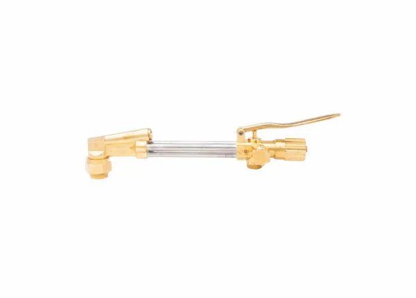 A brass blowtorch handle with a long nozzle and ergonomic grip, featuring an adjustable valve, lever, and Harris cutting attachment for all fuel gases with a low pressure injector on a plain white background.
