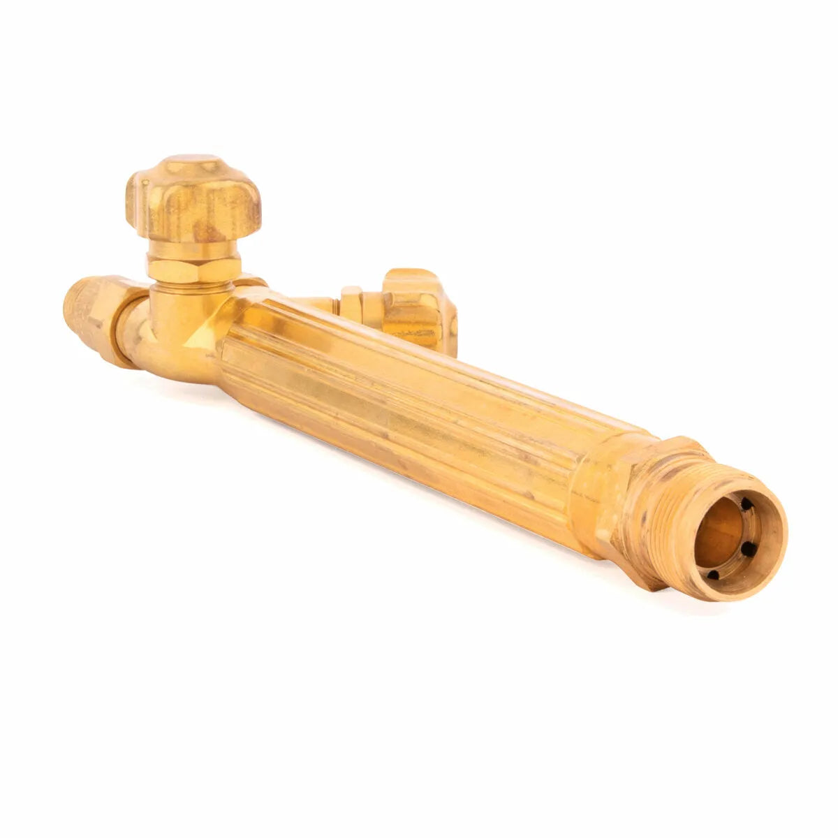 A Harris Model V-315C combination torch handle with a large adjustment knob and integrated check valves, featuring connectors on both ends, shown isolated on a white background.