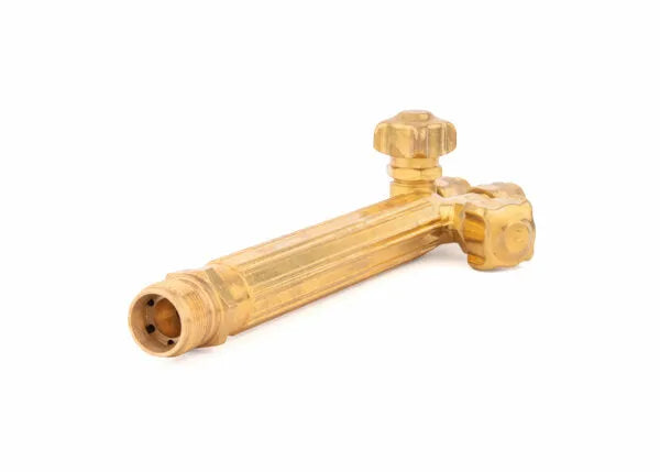 A brass gas valve with two control knobs and a threaded connection, designed for regulating gas flow, features check valves similar to those on a Harris Model V-315C combination torch handle, isolated on a white background.