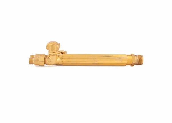 A Harris Model V-315C combination torch handle with a control valve and threaded ends, featuring integrated check valves, is placed horizontally on a white background.
