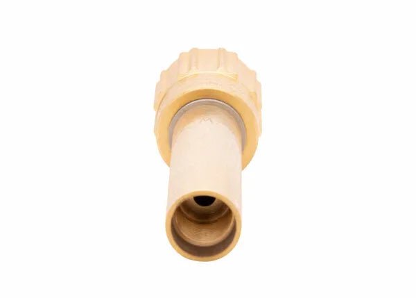 Close-up view of a brass hose connector or fitting with a ridged grip and threaded interior, designed for use in welding and brazing applications using a V-Series mixer, shown against a white background.