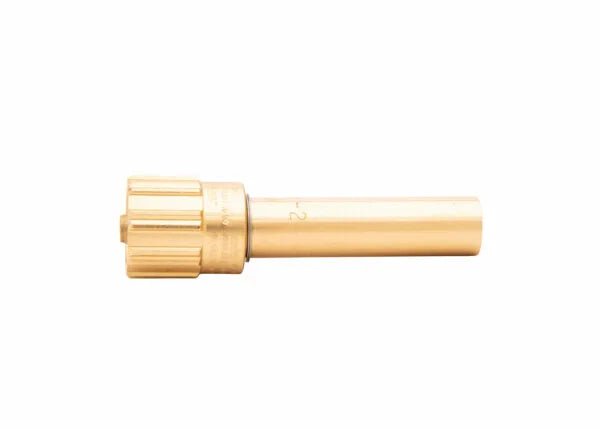 A gold-colored, cylindrical metal tool—resembling a V-Series mixer—features a ridged, wider end and a narrower smooth shaft, ideal for welding and brazing applications, isolated on a white background.