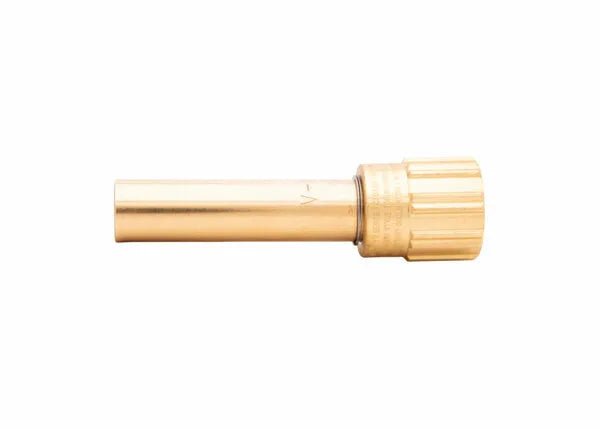 A brass fitting or connector with a cylindrical body and a ridged, knurled end cap, designed for use in welding and brazing applications, is shown against a plain white background.