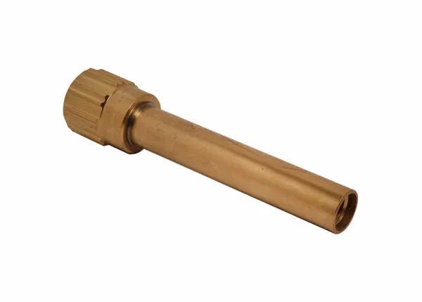 A brass tube fitting used in metal fabrication, featuring a threaded cap on one end and a smooth cylindrical extension on the other, viewed against a white background.