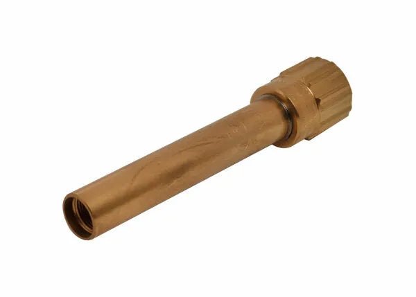 A brass cylinder with a threaded end and a knurled, hexagonal cap on one side, designed for use in metal fabrication or positive pressure mixer setups, isolated on a white background.