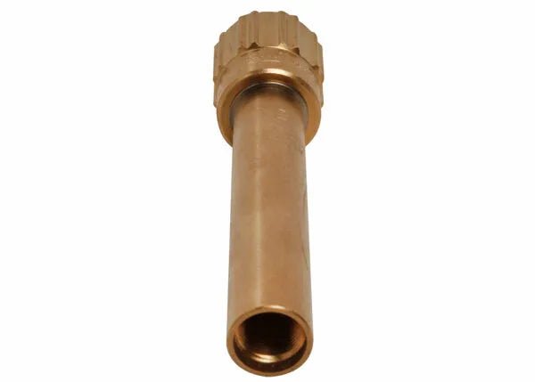 A brass fitting or connector with a ribbed, hexagonal end and a hollow cylindrical body, often used in metal fabrication. The image is taken on a white background with the open end of the tube facing forward.