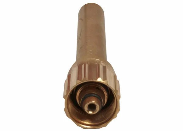 A close-up view of a brass hose fitting or connector, commonly used in metal fabrication, showing the threaded end and inner rubber washer, positioned vertically with the open end facing the camera.