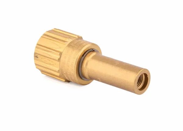 A brass hose connector with a threaded end and ridged grip, designed for use with a Harris V-Series mixer, shown on a white background.