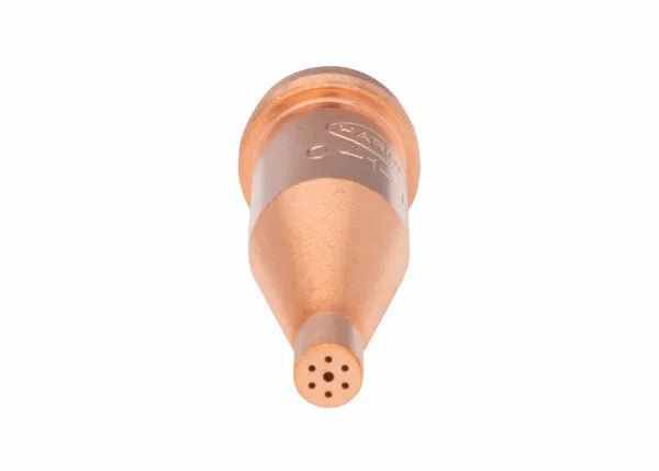 Harris V1-101-0 V-Series Welding Cutting Tip 1502090 on torch, six-hole precision metal cutting accessory, white background.