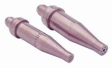Harris V1-101-2 V-Series hand cutting tips, copper, tapered, multi-hole, for welding torches, side by side on white background.