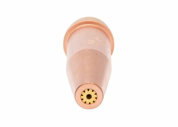 Close-up of Harris V1-101AC-2 V-Series Hand Cutting Tip 1502073 for welding, showing copper build and circular opening.