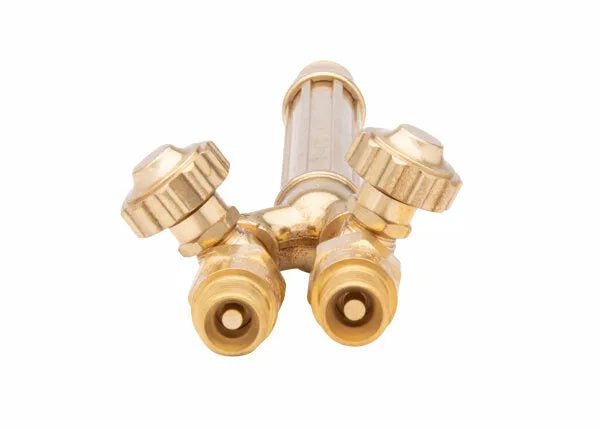 The Harris 1400424 VH10 V-Series Combination Torch Handle with Check Valves features two control knobs and hose connectors. Its cylindrical, textured brass handle with ridged knobs is shown from the front against a plain white background.