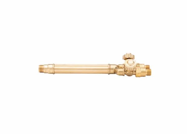 The Harris 1400424 VH10 V-Series Combination Torch Handle with Check Valves features a brass cylindrical body, adjustment knob, visible threading, and check valves at the hose connections, shown against a plain white background.
