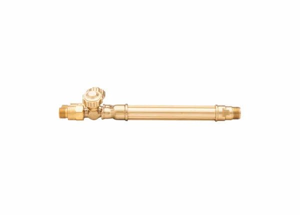 The Harris 1400424 VH10 V-Series Torch Handle features built-in check valves, a brass nozzle with a control valve, a long cylindrical tube, and a ridged adjustment knob. Designed for use with combination torches. Shown on a plain white background.