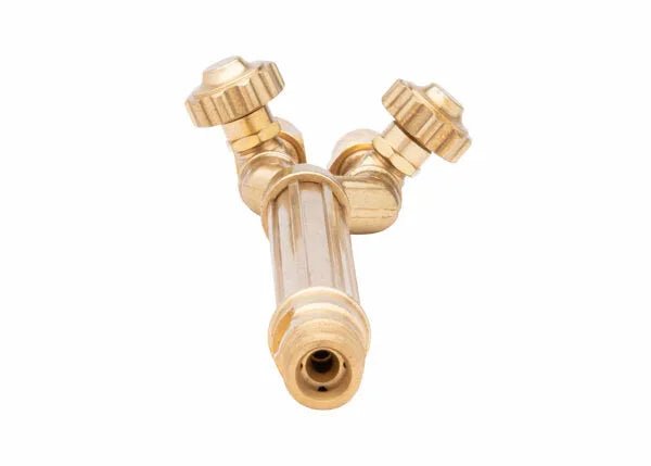 The Harris 1400424 VH10 V-Series Combination Torch Handle features built-in check valves and a brass Y-shaped body with three round ridged knobs, one inlet, and two outlets. Shown on a white background.