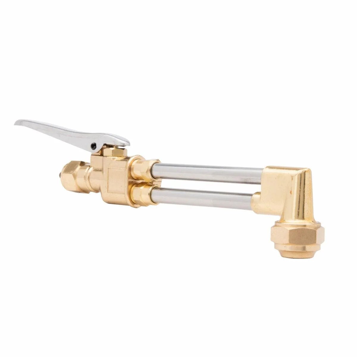 The Harris 1300048 VH13 V-Series Cutting Attachment is a brass and steel tool with a lever handle, designed for welding or cutting metal using all fuel gases. It features two parallel tubes and large hexagonal fittings at both ends.