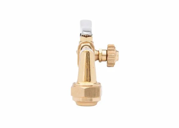 The Harris 1300048 VH13 brass angle stop valve features a white handle and threaded connection, compatible with V-Series cutting attachments for all fuel gases. Shown against a white background.