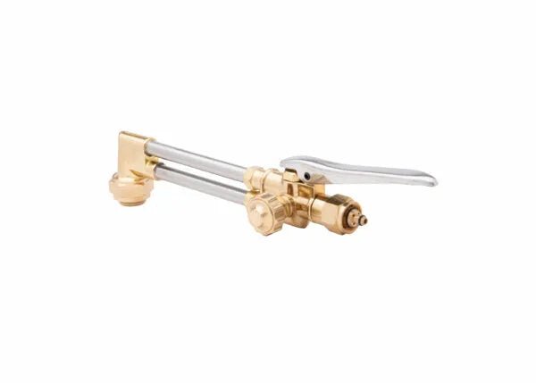 A brass and silver blowtorch handle with two metal tubes, control valve, and silver lever, designed for the Harris 1300048 VH13 All Fuel Gases V-Series Cutting Attachment; compatible with all fuel gases. White background.