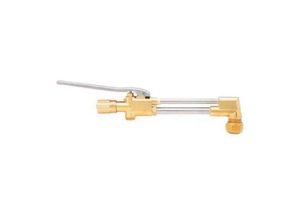 The Harris Model VH24 All Fuel Gases V-Series Cutting Attachment (1300452) features a heavy-duty brass and silver handle, top lever, dual parallel metal tubes, nozzle tip, and angled connector—compatible with all fuel gases. Isolated on white background.