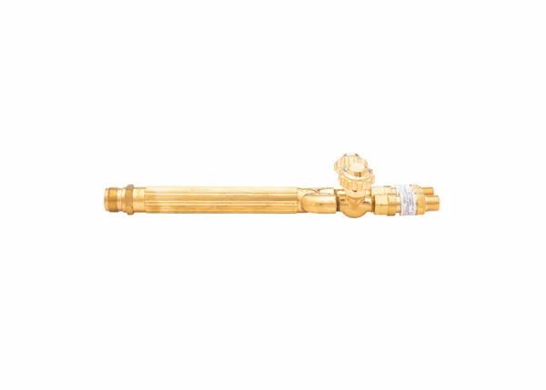 The Harris 1400422 VH31 V-Series Heavy Duty Combination Torch Handle is a gold-colored metal pipe with a cylindrical body, a valve mechanism near one end featuring a round knob, and two silver bands. The background is plain white.