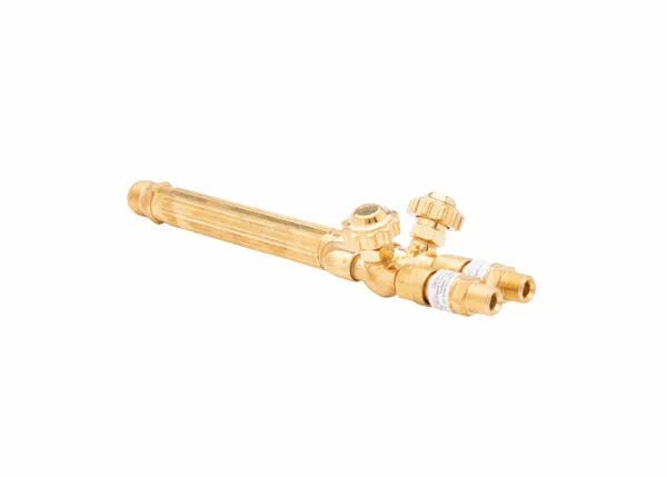 The Harris 1400422 VH31 V-Series Heavy Duty Combination Torch Handle has a textured brass grip, two control knobs, and two right-angle inlet connections. Shown on a white background.