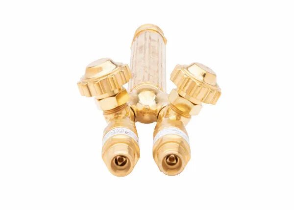A brass gas regulator fits the Harris 1400422 VH31 V-Series Heavy Duty Combination Torch Handle, featuring three large knobs, two ports, a textured central cylinder in gold and silver tones, shown from a low front angle.