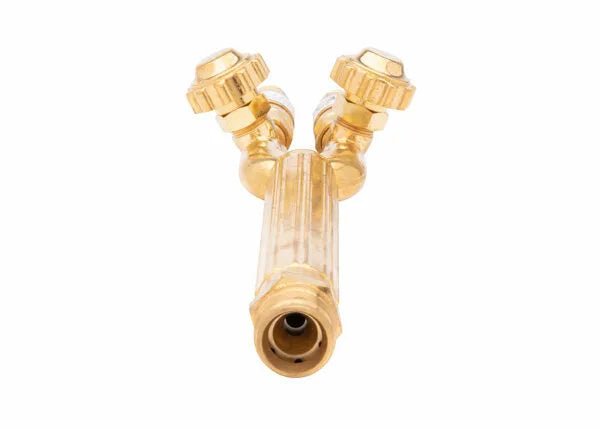 A brass Y-shaped fitting with two top valves, ridged knobs, and a metallic reflective finish, resembling the Harris 1400422 VH31 V-Series Heavy Duty Combination Torch Handle, with a threaded base opening.