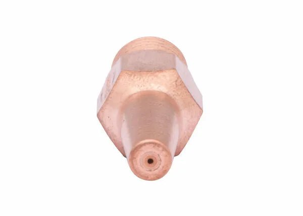Oxy-acetylene welding tip made from tellurium copper, featuring a hexagonal base and a small central hole, viewed from the nozzle end against a white background.