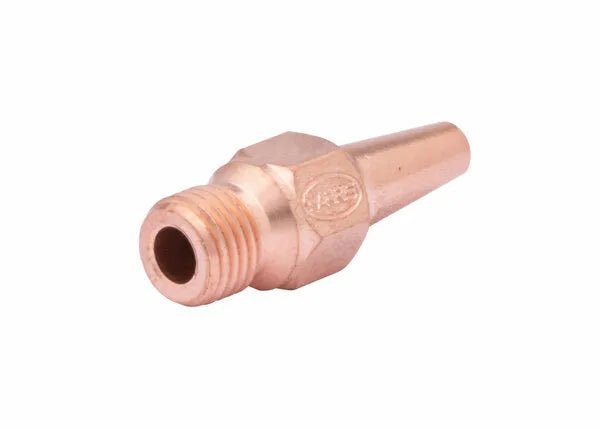A brass-colored Harris welding tip with a threaded end and a tapered, smooth opposite end, crafted from tellurium copper and shown against a plain white background.